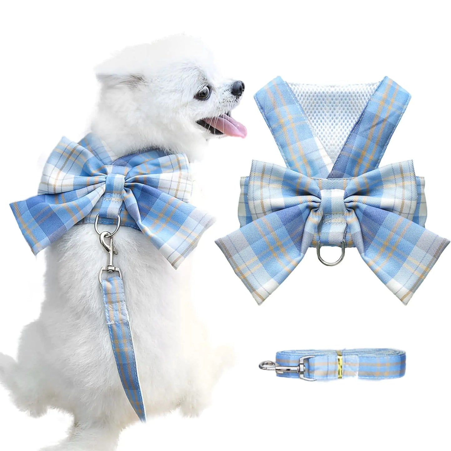 AXIIJGL Dog Harness for Small Dogs with Bow Small Harness for Girl Dogs with D-Ring Soft Mesh Adjustable Harness Set Puppy Pet Harness and Leash